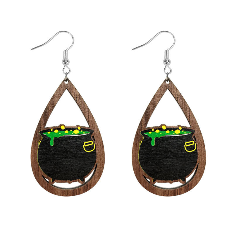 Wholesale Halloween Skeleton Pumpkin Witch Black Cat Spider Water Drop Hollow Wooden Earrings